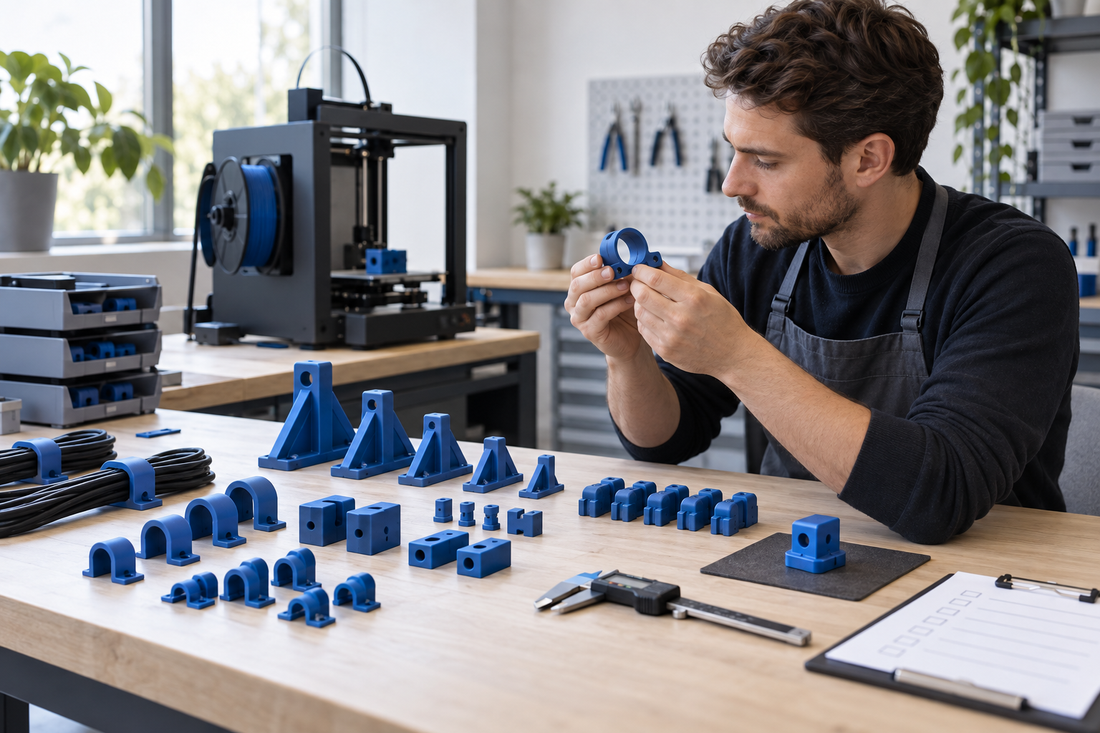 3D-maker controleert een samenhangende serie gespecialiseerde functionele onderdelen