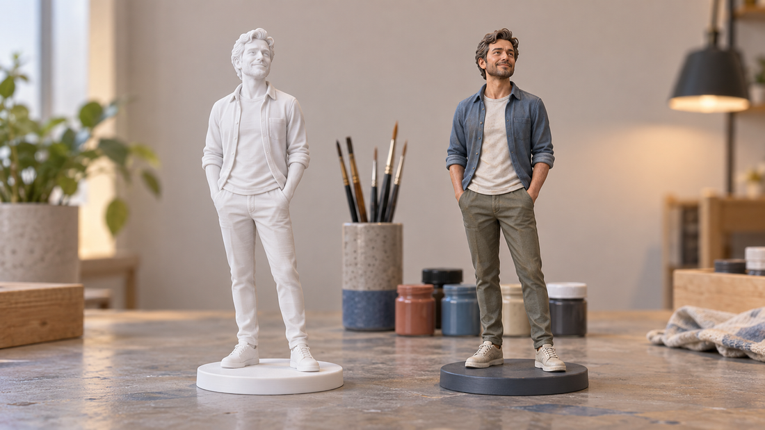Een witte 3D-geprinte figuur naast dezelfde figuur die met de hand realistisch is afgewerkt en geschilderd